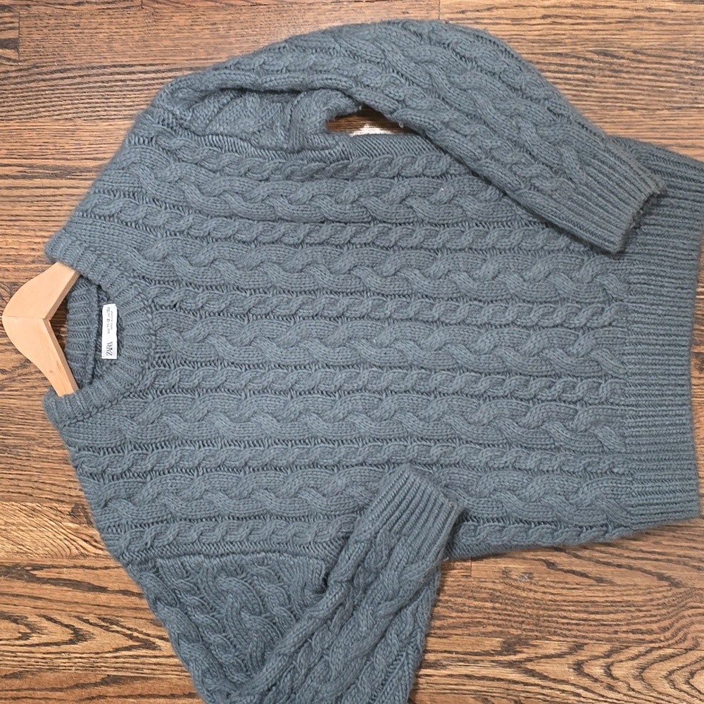 🌟7/25$ ZARA Chunky Cable Knit Fisherman Sweater In Teal